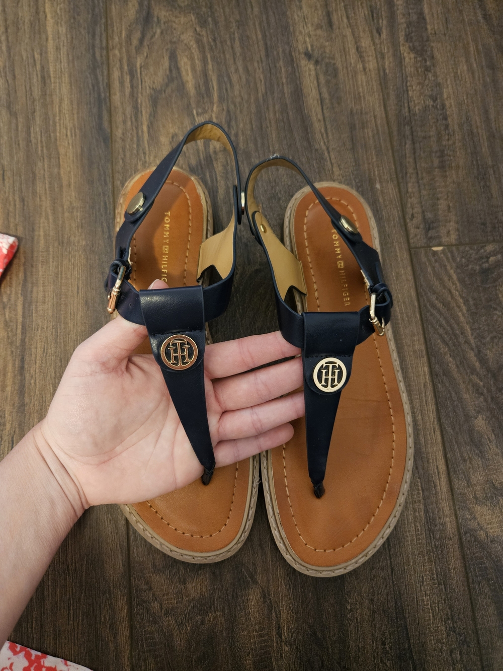 Tommy Hilfiger Navy T-Strap Leather Sandals